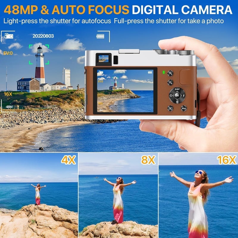 FlyFrost 4K Digital Camera for Photography, 48MP Autofocus Vlogging Cameras with 16X Digital Zoom, 2.8" LCD Point and Shoot Camera for YouTube, Anti-Shake Compact Cameras with 32GB Micro SD Card & 2 Batteries - Image 2